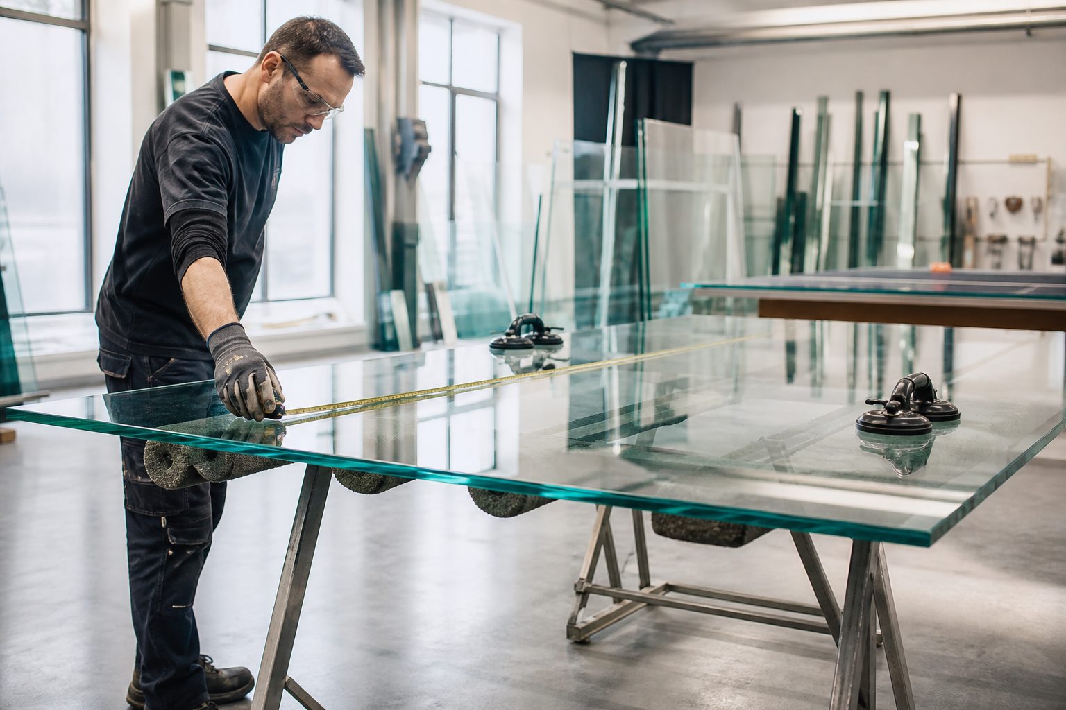 Harry Montalvo measuring a tempered glass panel on padded sawhorses in his workshop
