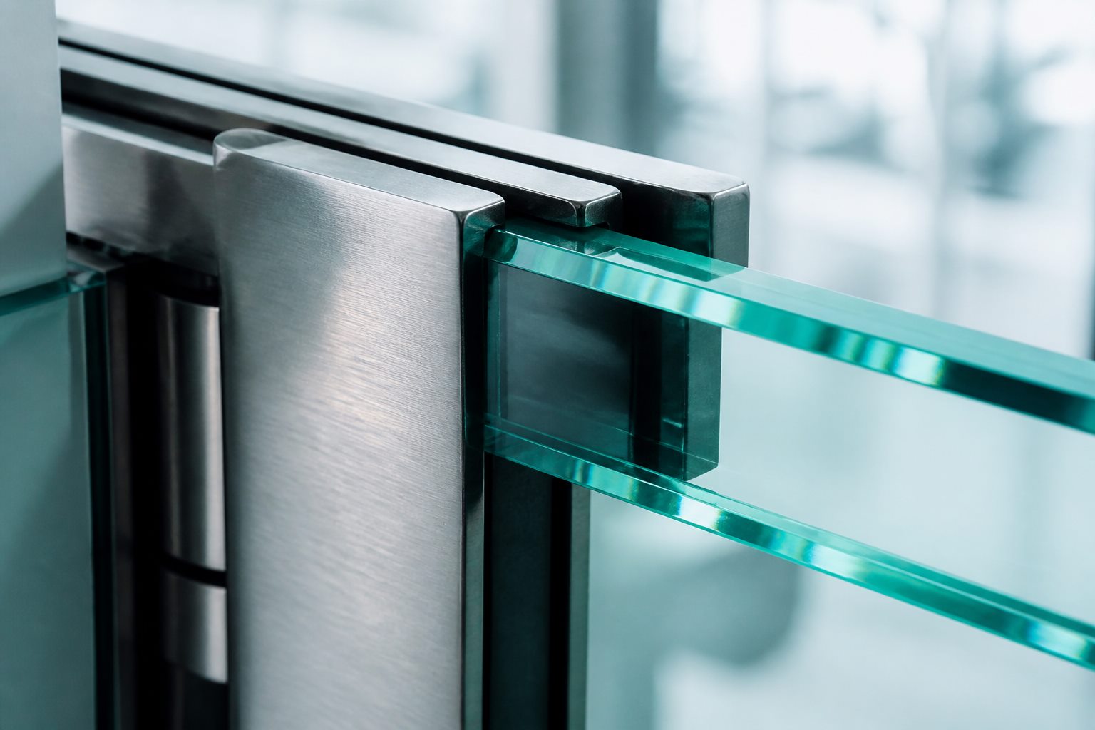 Polished tempered glass edge held in a brushed steel patch fitting