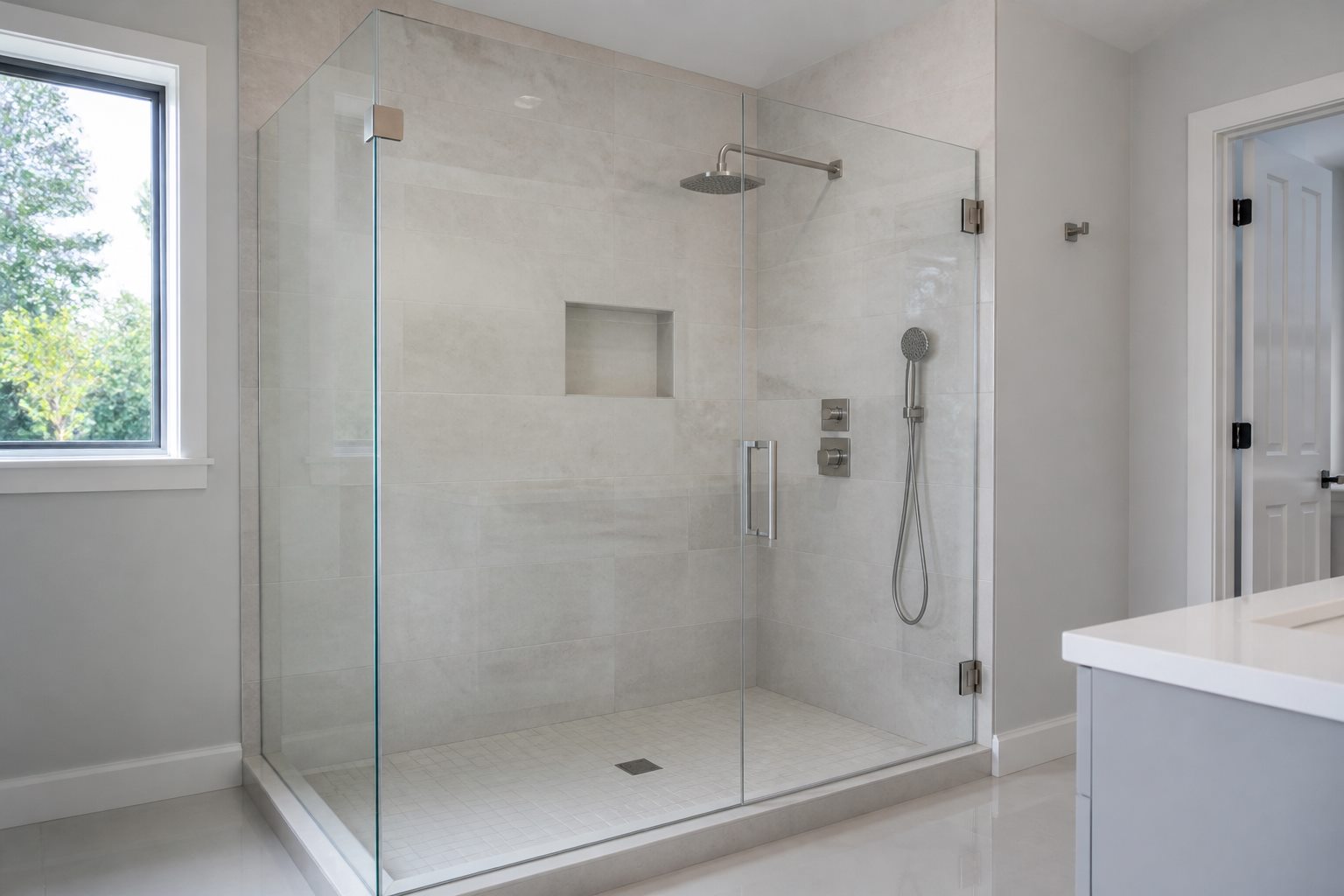 Frameless glass shower enclosure with chrome hinges in a modern bathroom
