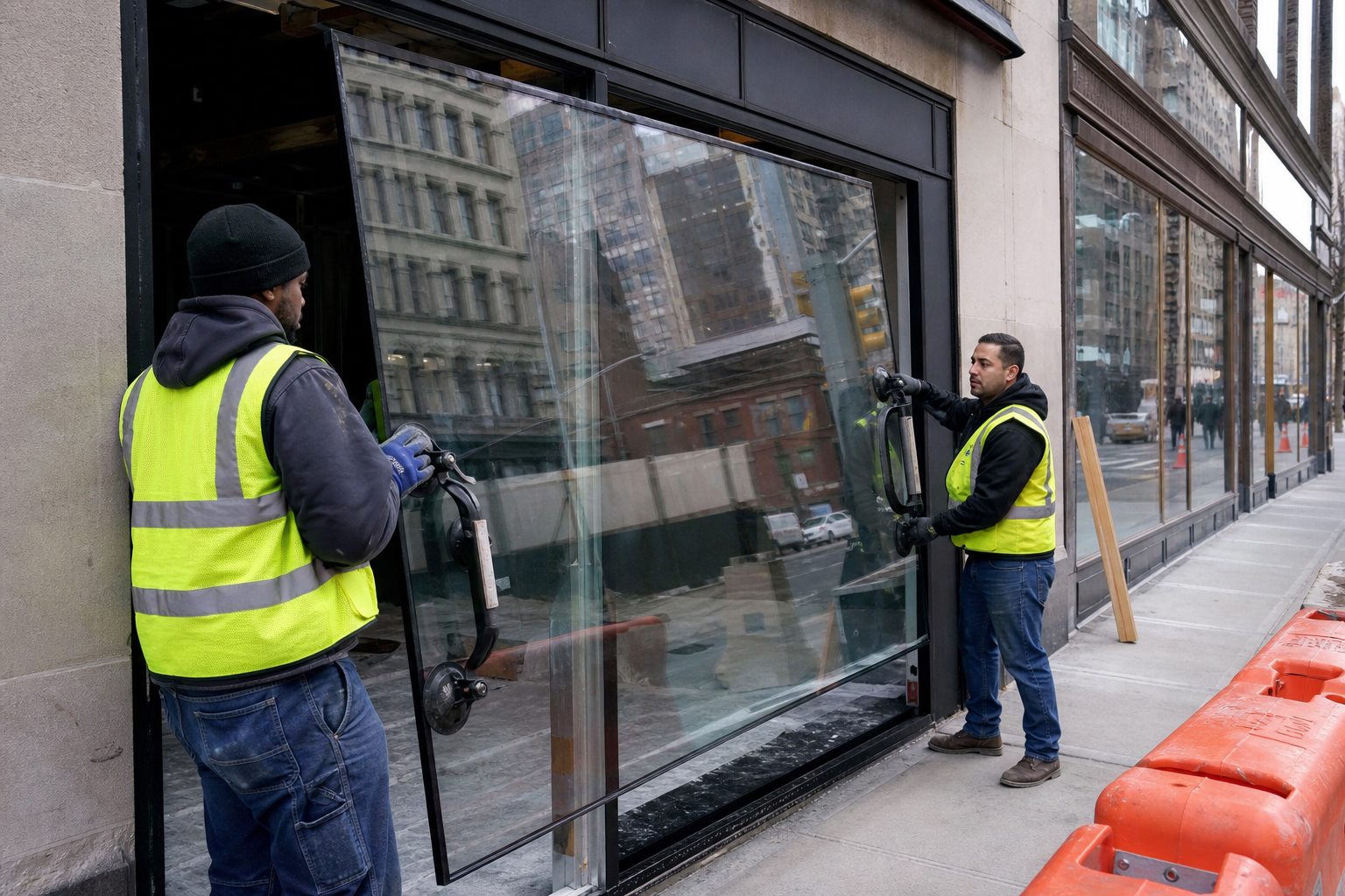 Glaziers setting a large storefront pane into an aluminum frame